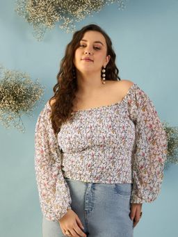Kibo - Women Plus Size Floral Print Off-Shoulder Puff Sleeve Georgette White Crop Top