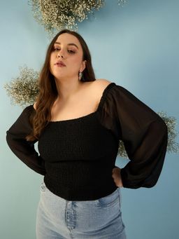 Kibo - Women Plus Size Solid Off-Shoulder Puff Sleeve Georgette Black Crop Top