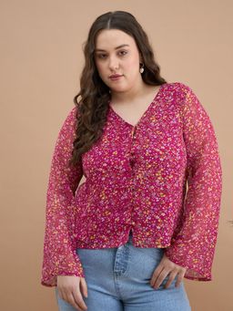 Kibo - Women Plus Size Floral Printed V-Neck Regular Top