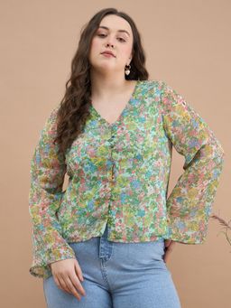 Kibo - Women Plus Size Floral Printed V-Neck Full Sleeves Shirt Style Top