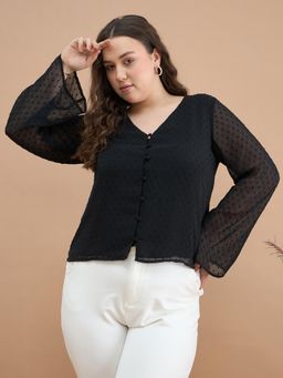 Kibo - Women Plus Size Self Design Bell Sleeve Chiffon Top