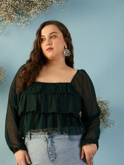 Kibo - Women Plus Size Green Puff Sleeves Chiffon Crop Top