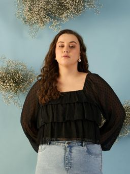 Kibo - Women Plus Size Black Puff Sleeves Chiffon Crop Top