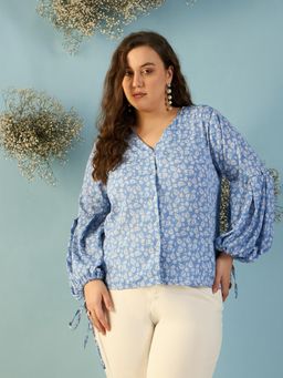 Kibo - Women Plus Size Floral Print Crepe Blue Shirt Style Top
