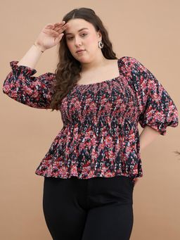 Kibo - Women Plus Size Floral Printed Smocked Detail Regular Top