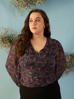 Kibo - Women Plus Size Puff Sleeve Chiffon Black Crop Top