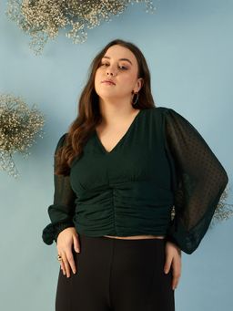 Kibo - Women Plus Size Puff Sleeve Chiffon Green Crop Top