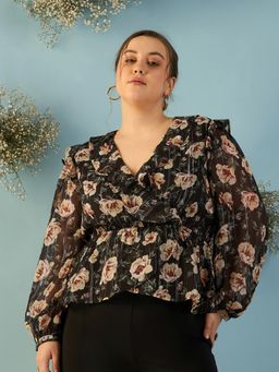Kibo - Women Plus Size Floral Print Puff Sleeve Georgette Wrap Top