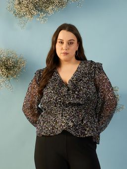 Kibo - Women Plus Size Printed Puff Sleeve Georgette Kaftan Top