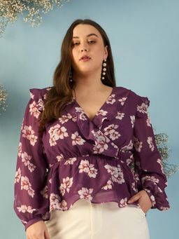 Kibo - Women Plus Size Floral Print Puff Sleeve Georgette Mauve Wrap Top