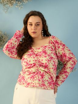 Kibo - Women Plus Size Cream Floral Print Flared Sleeve Georgette Top