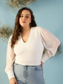Kibo - Women Plus Size White Puff Sleeve Crop Top