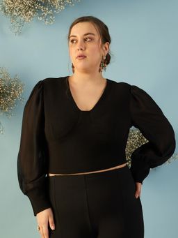 Kibo - Women Plus Size Black Puff Sleeve Crop Top