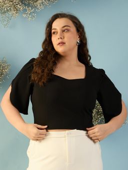 Kibo - Women Plus Size Black Puff Sleeve Crop Top