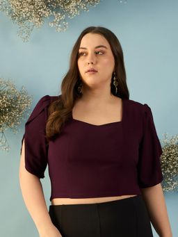 Kibo - Women Plus Size Burgundy Puff Sleeve Crop Top
