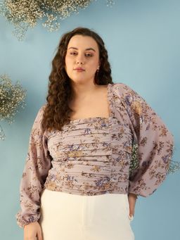 Kibo - Women Plus Size Floral Print Puff Sleeve Grey Georgette Crop Top