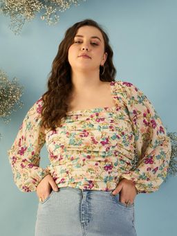 Kibo - Women Plus Size Floral Print Puff Sleeve Multi-Color Georgette Crop Top