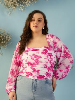 Kibo - Women Plus Size Floral Print Puff Sleeve Pink Georgette Crop Top