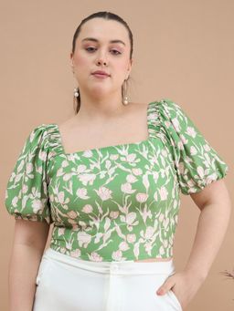 Kibo - Women Plus Size Floral Print Half Sleeves Crepe Green Crop Top