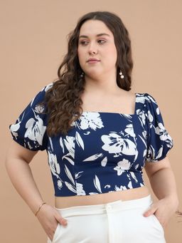 Kibo - Women Plus Size Floral Print Half Sleeves Crepe Navy Blue Crop Top