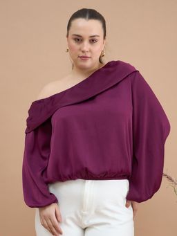 Kibo - Women Plus Size Purple One Shoulder Puff Sleeves Blouson Top