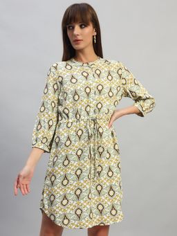 Cantabil - Women Printed Light Green Mandarin Neck 3/4 Sleeves Casual Long Tunic