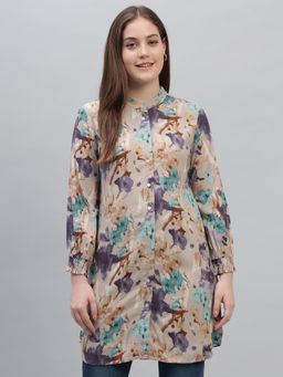 Cantabil - Women Printed Multi Colour Mandarin Neck Full Sleeves Casual Long Tunic