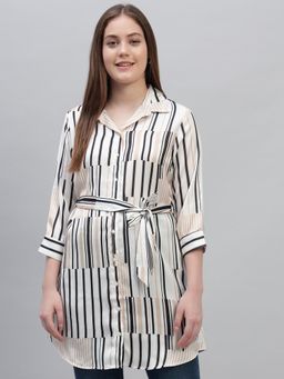 Cantabil - Women Striped Off White Collar Neck 3/4 Sleeves Casual Long Tunic (Set of 2)