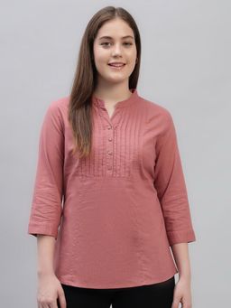Cantabil - Women Solid Dusty Pink Collar Neck 3/4 Sleeves Casual Tunic