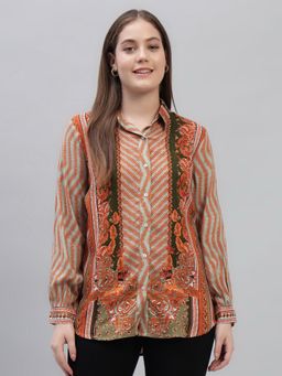 Cantabil - Women Printed Brown Collar Neck Full Sleeves Casual Tunic
