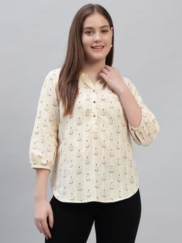 Cantabil - Women Printed Off White Collar Neck 3/4 Sleeves Casual Tunic