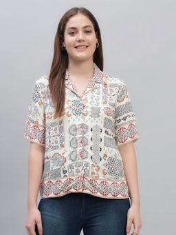 Cantabil - Women White Printed Collar Neck Half Sleeves Casual Top