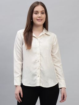 Cantabil - Women Self Design Off White Band Neck Full Sleeves Casual Top