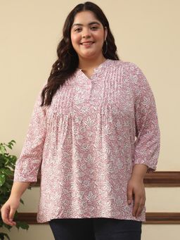Oxolloxo - Women Plus Size Pink Floral Mandarin Neck With Button Placket Long Sleeve Top