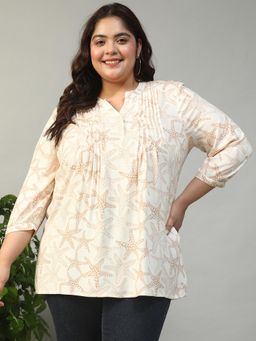 Oxolloxo - Women Plus Size Beige Floral Mandarin Neck With Button Placket Long Sleeve Top