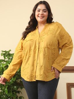 Oxolloxo - Women Plus Size Mustard Mandarin Neck Long Sleeve Embroidered Top