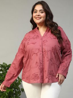 Oxolloxo - Women Plus Size Wine Mandarin Neck Long Sleeve Embroidered Button Down Cotton Top