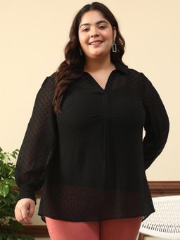 Oxolloxo - Women Plus Size Black Collared Long Sleeve With Smocked Cuffs Swiss Dot Dobby Top