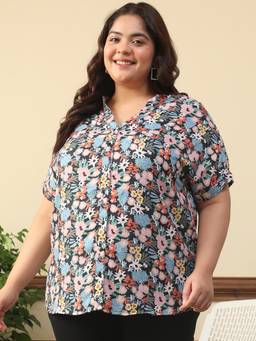 Oxolloxo - Women Plus Size Multi-Color V-Neck Short Sleeve Floral Print Boota Dobby Print Top