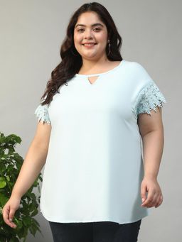 Oxolloxo - Women Plus Size Blue Round Neck Short Lace Detail Sleeves Top