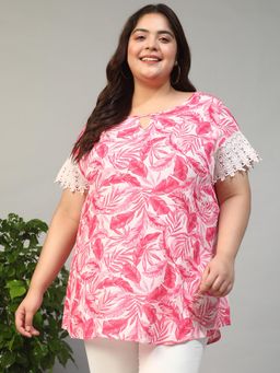 Oxolloxo - Women Plus Size Pink Tropical Print Short Lace Detail Sleeves Rayon Crepe Top