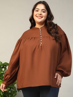 Oxolloxo - Women Plus Size Brown Mandarin Neck With Button Placket Long Lantern Sleeve Top