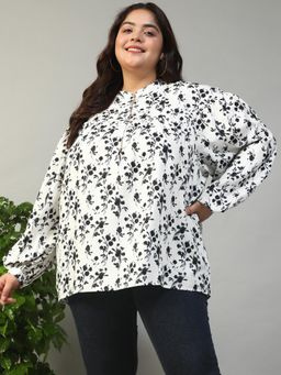 Oxolloxo - Women Plus Size White Floral Print Mandarin Neck With Button Placket Detail Top