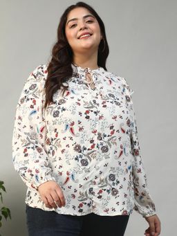 Oxolloxo - Women Plus Size Off White Floral Print Round Neck With Tie-Up Long Sleeve Top
