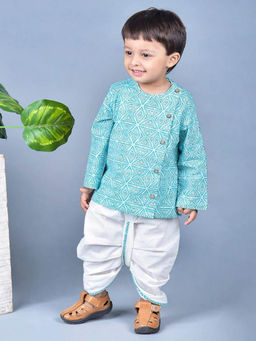 Polka Tots - Geometric Full Sleeves Angrakha Kurta with Dhoti-Blue (Set of 2)