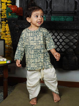 Polka Tots - Printed Full Sleeves Angrakha Kurta with Dhoti-Cream (Set of 2)