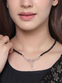 Yellow Chimes - Rose Gold-Plated American Diamond Studded Designed Black Beaded Mangalsutra