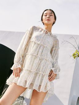 Pomelo - Semi See-Through Ruffle Dress - Beige
