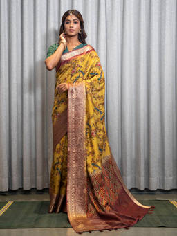 Ekana Label - Maanya Yellow Kalamkari Saree with Unstitched Blouse