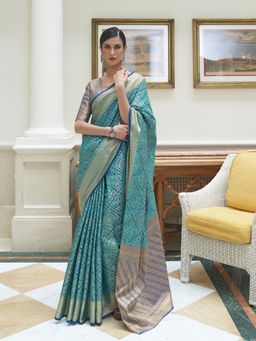 Akhilam - Womens Silk Blend Blue Woven Design Handloom Saree with Unstitched Blouse